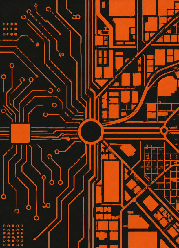 ArchUp graphic illustration showing orange circuit board traces on a black background merging seamlessly into a detailed urban city grid through a central circular node