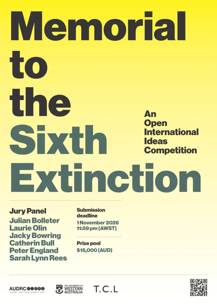 Memorial to the Sixth Extinction 2026 competition poster promoting an international architecture and landscape design challenge focused on biodiversity, ecology, and environmental memorial design