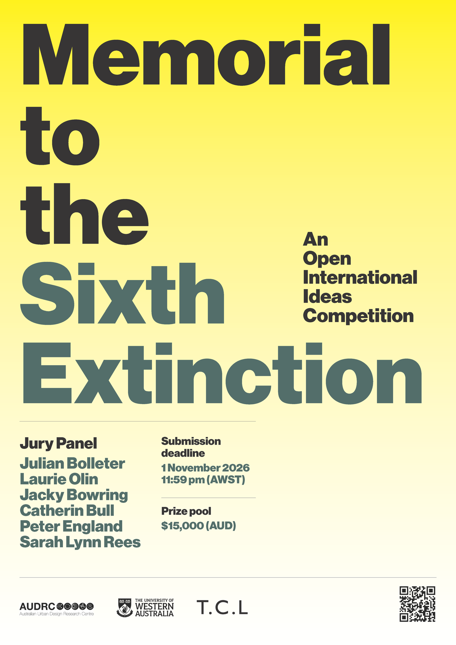 Memorial to the Sixth Extinction 2026 competition poster promoting an international architecture and landscape design challenge focused on biodiversity, ecology, and environmental memorial design