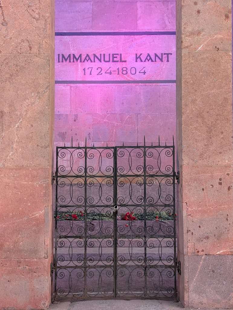 A detailed view of Immanuel Kant's mausoleum with vibrant lighting in Kaliningrad, Russia.