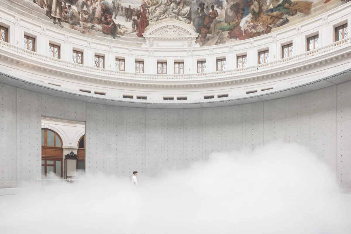 Fujiko Nakaya fog installation at Bourse de Commerce 2026 transforming historic architecture through immersive environmental art in Paris