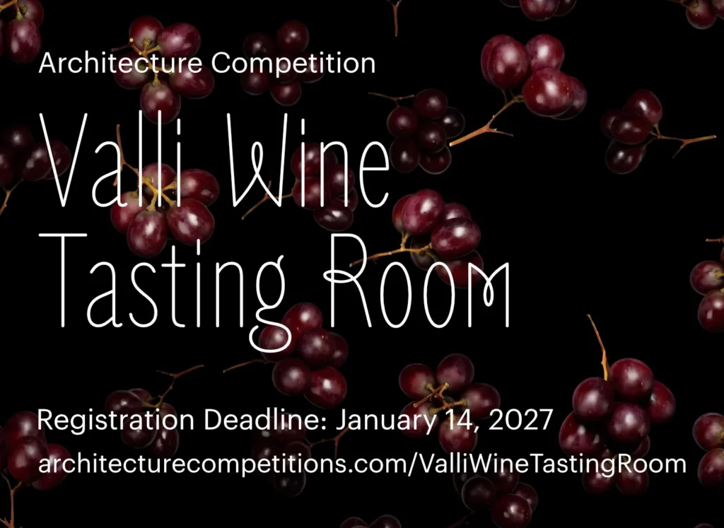 Promotional image for Valli Wine Tasting Room architecture competition, inviting architects and designers to create a contemporary wine tasting space integrated into the rural landscape of Piedmont, Italy.