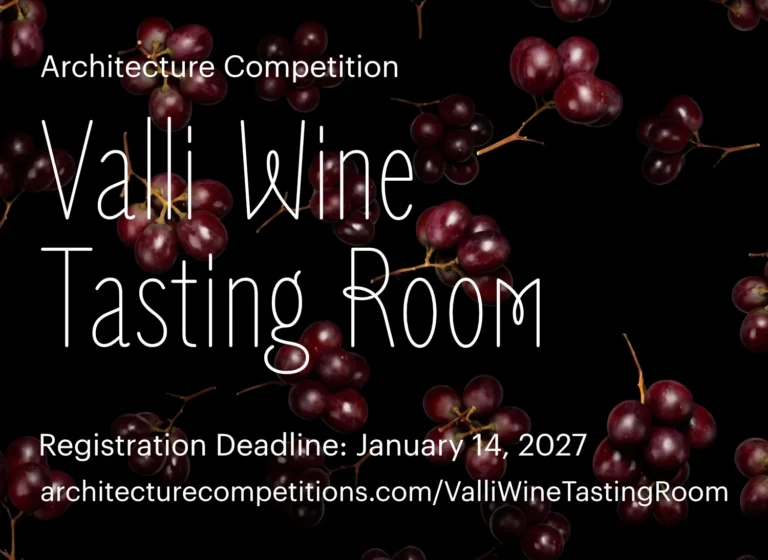 Promotional image for Valli Wine Tasting Room architecture competition, inviting architects and designers to create a contemporary wine tasting space integrated into the rural landscape of Piedmont, Italy.