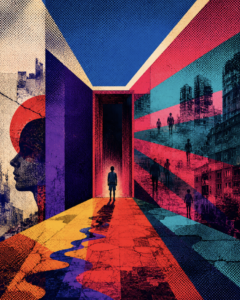 Stylised illustration of a lone child standing before a dark doorway, surrounded by fragmented cityscapes and silhouetted figures in bold reds, blues and purples