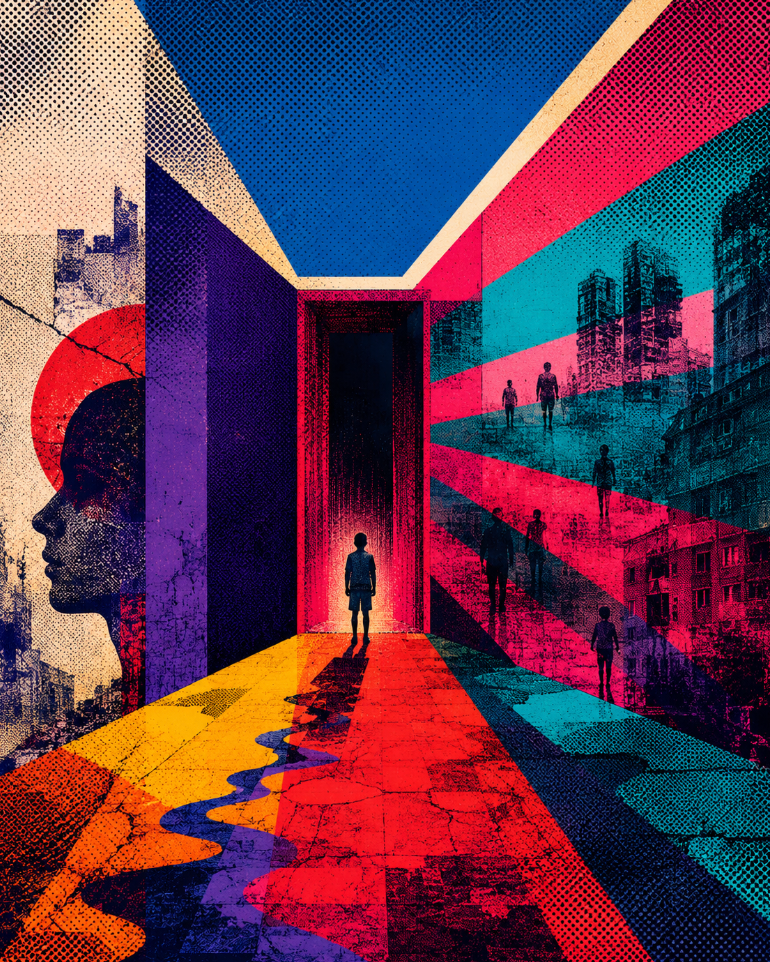 Stylised illustration of a lone child standing before a dark doorway, surrounded by fragmented cityscapes and silhouetted figures in bold reds, blues and purples