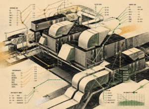 ArchUp isometric halftone illustration of a complex mechanical air handling unit featuring orange and green data lines tracking the filtration process from outdoor intake to clean supply air