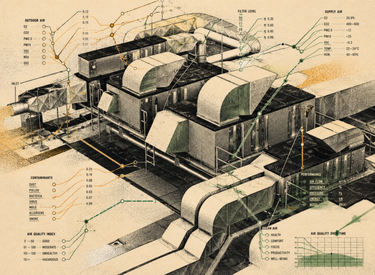 ArchUp isometric halftone illustration of a complex mechanical air handling unit featuring orange and green data lines tracking the filtration process from outdoor intake to clean supply air