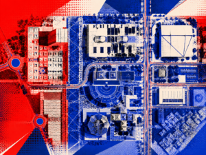 ArchUp high contrast halftone aerial graphic displaying a complex institutional master plan divided by bold red and blue geometric color zones