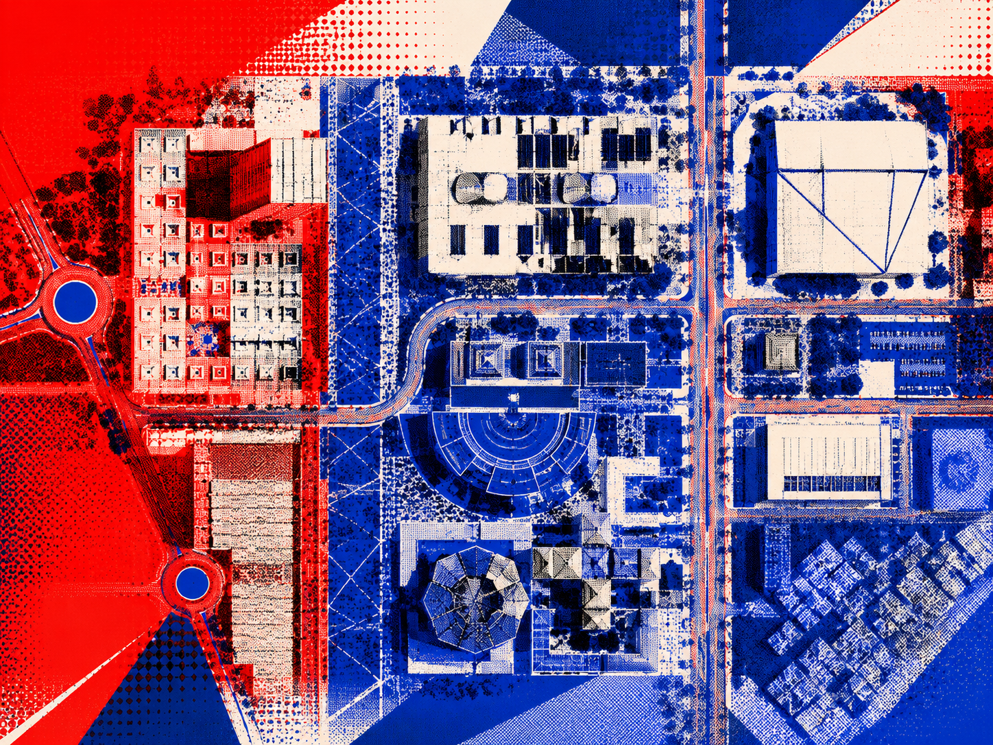 ArchUp high contrast halftone aerial graphic displaying a complex institutional master plan divided by bold red and blue geometric color zones