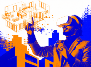 ArchUp dual-tone blue and orange graphic showing a man wearing a VR headset interacting with a floating 3D wireframe architectural floor plan amidst abstract pixelated city blocks