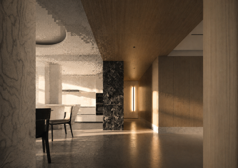 ArchUp photorealistic interior architectural render showing a modern kitchen and dining area with a dark marble column wood paneling and bright sunlight interrupted by a pixelated digital transition effect on the left side