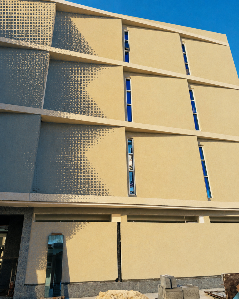 ArchUp photograph of a modern tan building facade under construction featuring narrow vertical windows, angled horizontal bands, and a prominent geometric halftone shadow pattern cast across its surface under a bright blue sky