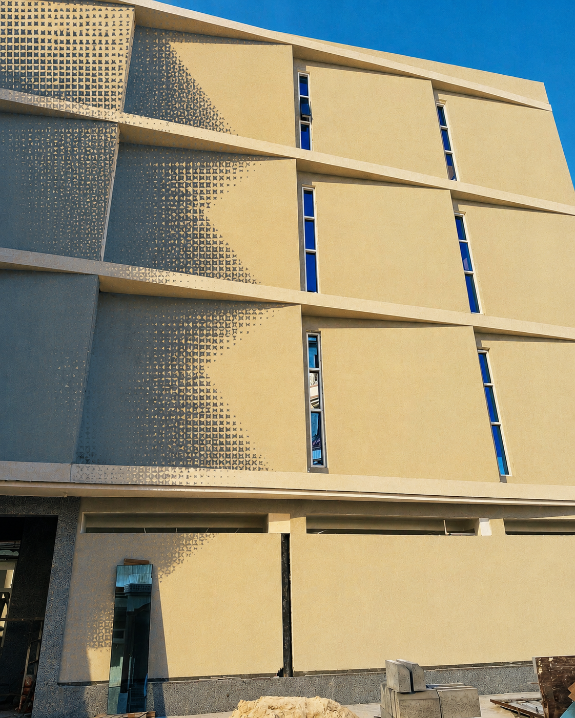 ArchUp photograph of a modern tan building facade under construction featuring narrow vertical windows, angled horizontal bands, and a prominent geometric halftone shadow pattern cast across its surface under a bright blue sky