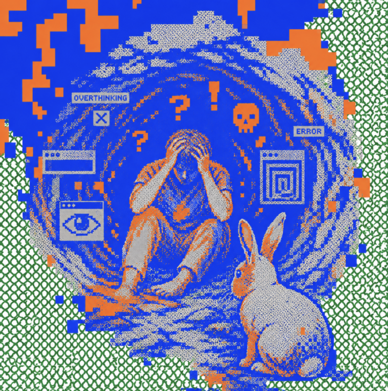 ArchUp pixelated halftone graphic showing a distressed person holding their head surrounded by digital error windows overthinking popups a skull icon and a rabbit sitting nearby within a textured blue and orange vortex