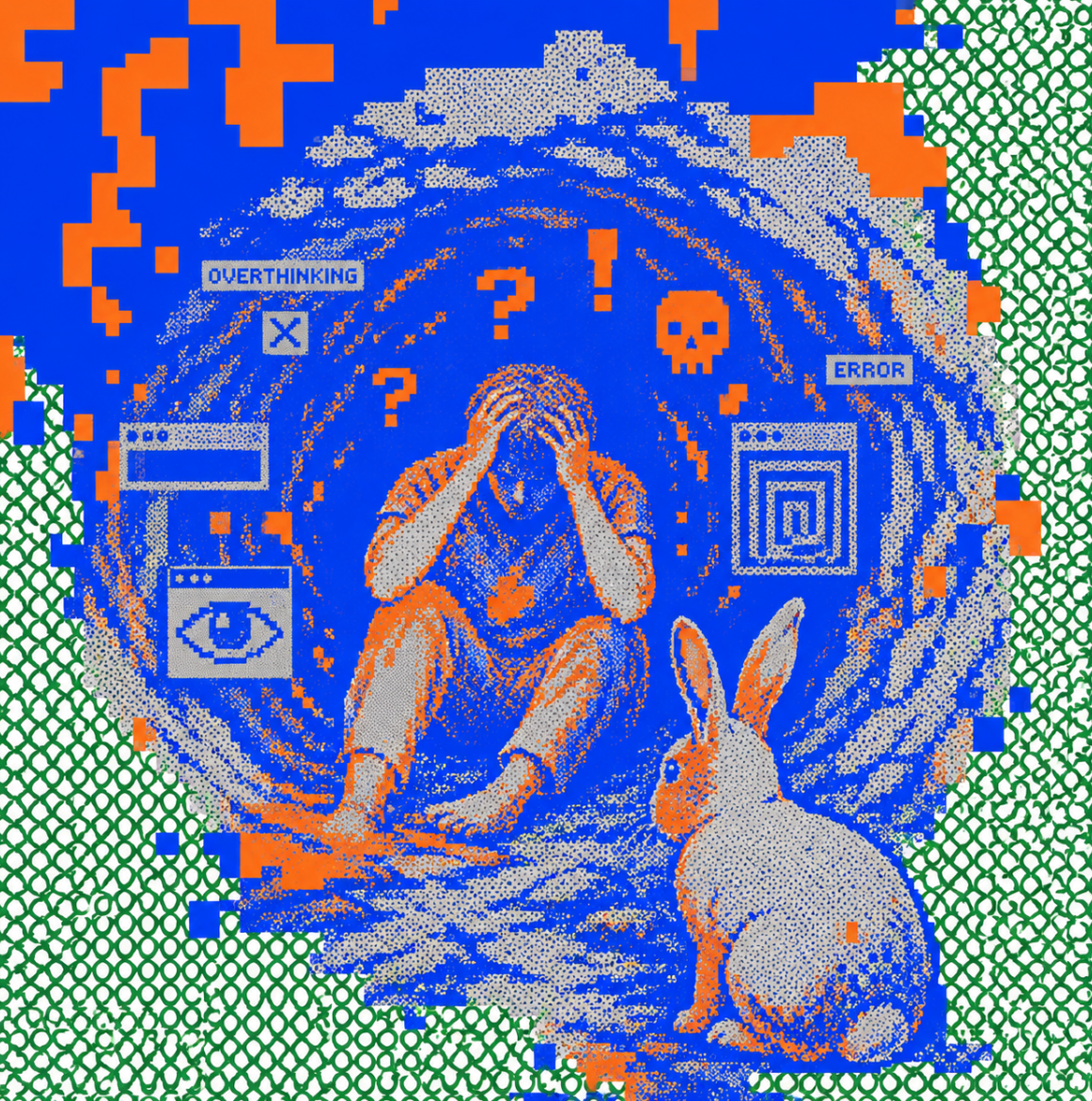 ArchUp pixelated halftone graphic showing a distressed person holding their head surrounded by digital error windows overthinking popups a skull icon and a rabbit sitting nearby within a textured blue and orange vortex