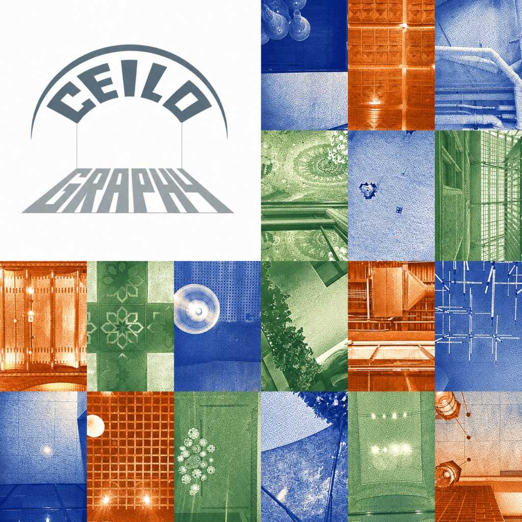 ArchUp grid collage displaying various architectural ceiling patterns and mechanical systems in a blue orange and green halftone style featuring a geometric logo in the top left corner reading CEILOGRAPHY