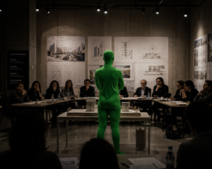 ArchUp conceptual photograph showing a person wearing a full-body green screen suit presenting an architectural project to a serious panel of jurors seated at tables in a concrete room with design posters pinned to the back wall.