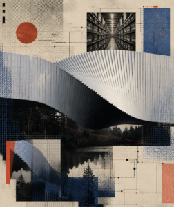 Abstract collage blending a warehouse interior, forest landscapes, and architectural forms with geometric graphic elements in red, blue, and black