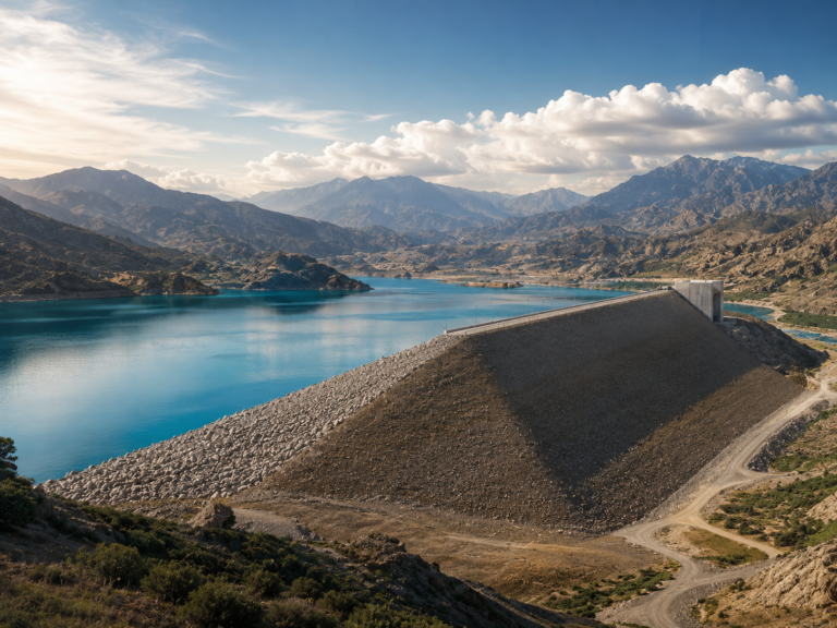 ArchUp photograph showing a large sloping rock and earth dam retaining a bright blue reservoir surrounded by arid mountains beneath a partly cloudy sky