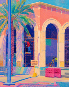 ArchUp vibrant pastel illustration depicting construction workers on red scaffolding restoring a pink arched building facade alongside a palm tree pink traffic barriers and a yellow parking sign under bright sunlight