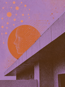 ArchUp distressed screen-print collage on a textured purple background, featuring a brutalist concrete building on the right and conceptual AI elements. An orange circular form with a human facial profile and circuit board pattern is positioned behind the building. Upper-center text reads 'Systemic Evaluation of Artificial Intelligence and Civilizational Infrastructure'. The ArchUp mark is in the lower-right.