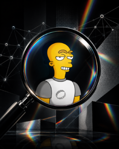 ArchUp digital collage depicting a magnifying glass focusing on a yellow cartoon character against a dark geometric background with rainbow light flares and network nodes