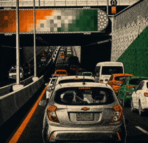 ArchUp halftone graphic illustration showing heavy car traffic congested on a multi lane highway entering a dark concrete underpass beneath an overhead bridge decorated with orange white and green patterns