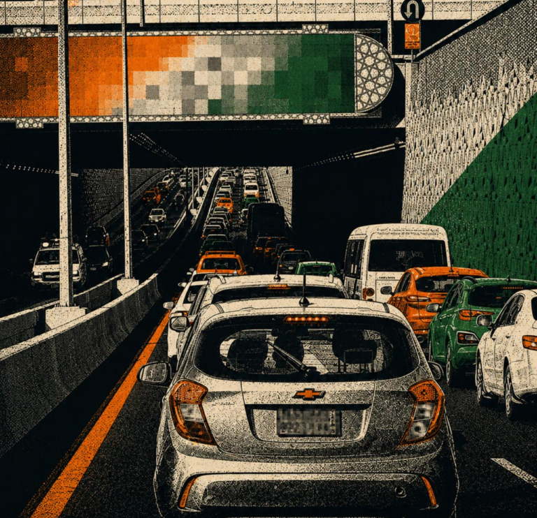 ArchUp halftone graphic illustration showing heavy car traffic congested on a multi lane highway entering a dark concrete underpass beneath an overhead bridge decorated with orange white and green patterns