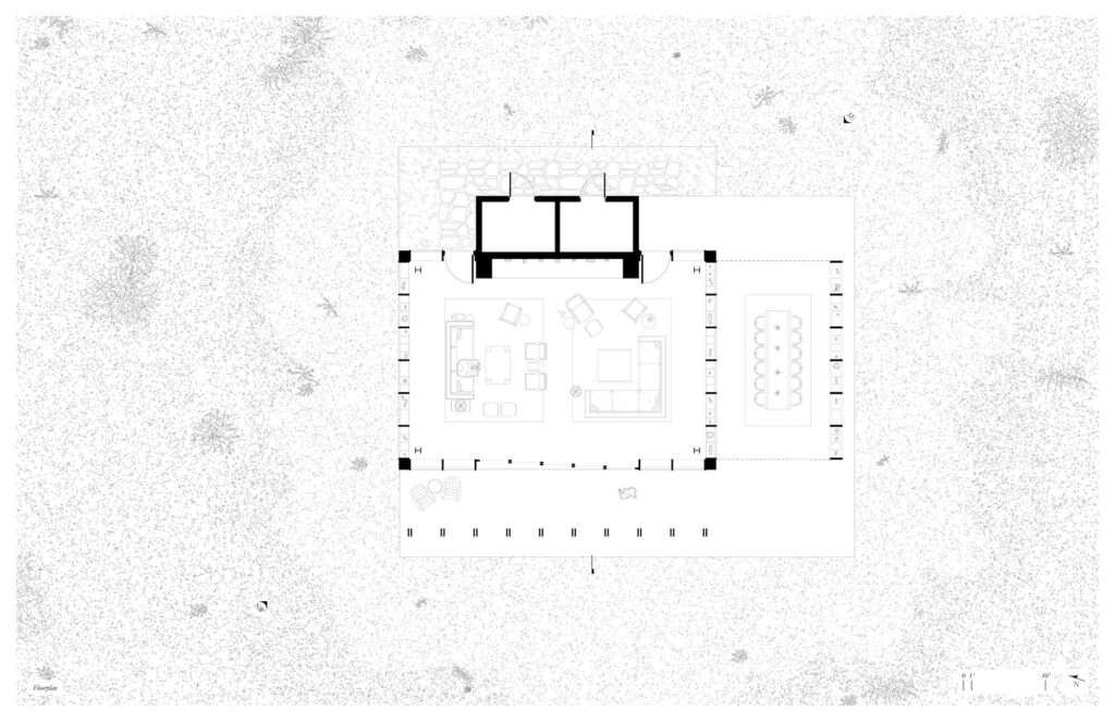 Architectural black and white floor plan drawing of the Rock Pavilion, detailing the internal living spaces, external dining area, and surrounding natural landscape context.