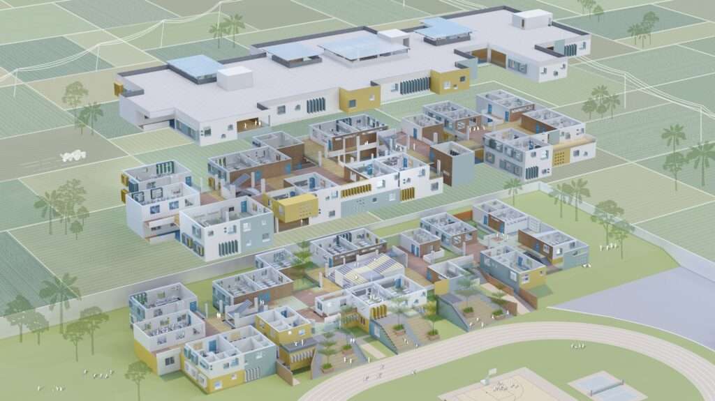 3D exploded axonometric diagram of a decentralized school design showing the separate structural layers, academic wings, and outdoor landscape fields.