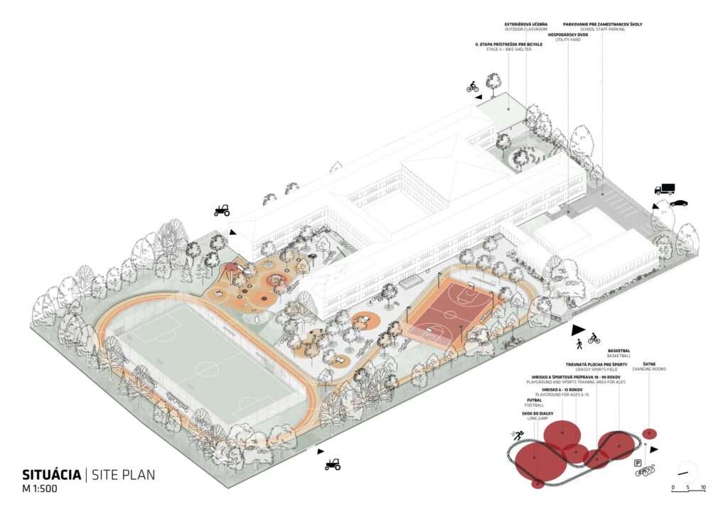 Architectural site plan (isometrics) for the Trnava school grounds renewal project, labeling various zones such as basketball, soccer, and outdoor classrooms.