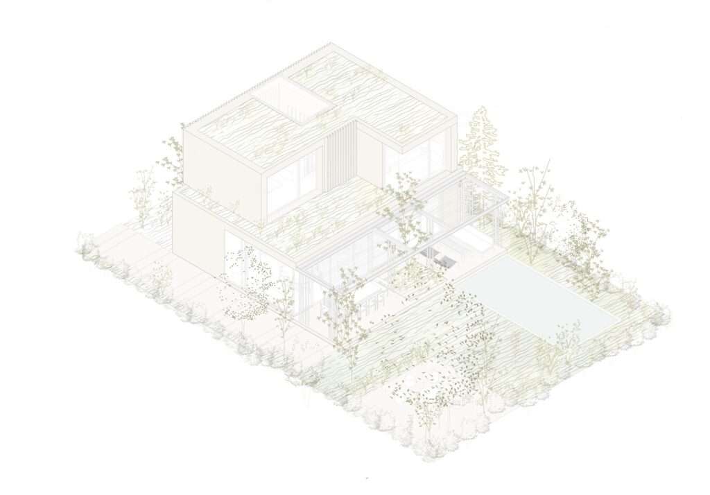 Isometric architectural drawing of JR House showing the integration of the building volume with the landscape.