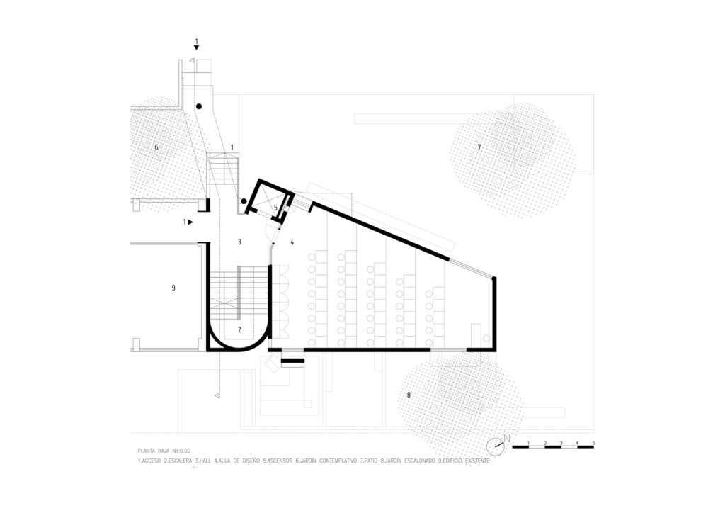 Black and white architectural floor plan drawing of the ground floor level, showing a trapezoidal classroom layout, stairs, and surrounding garden areas.
