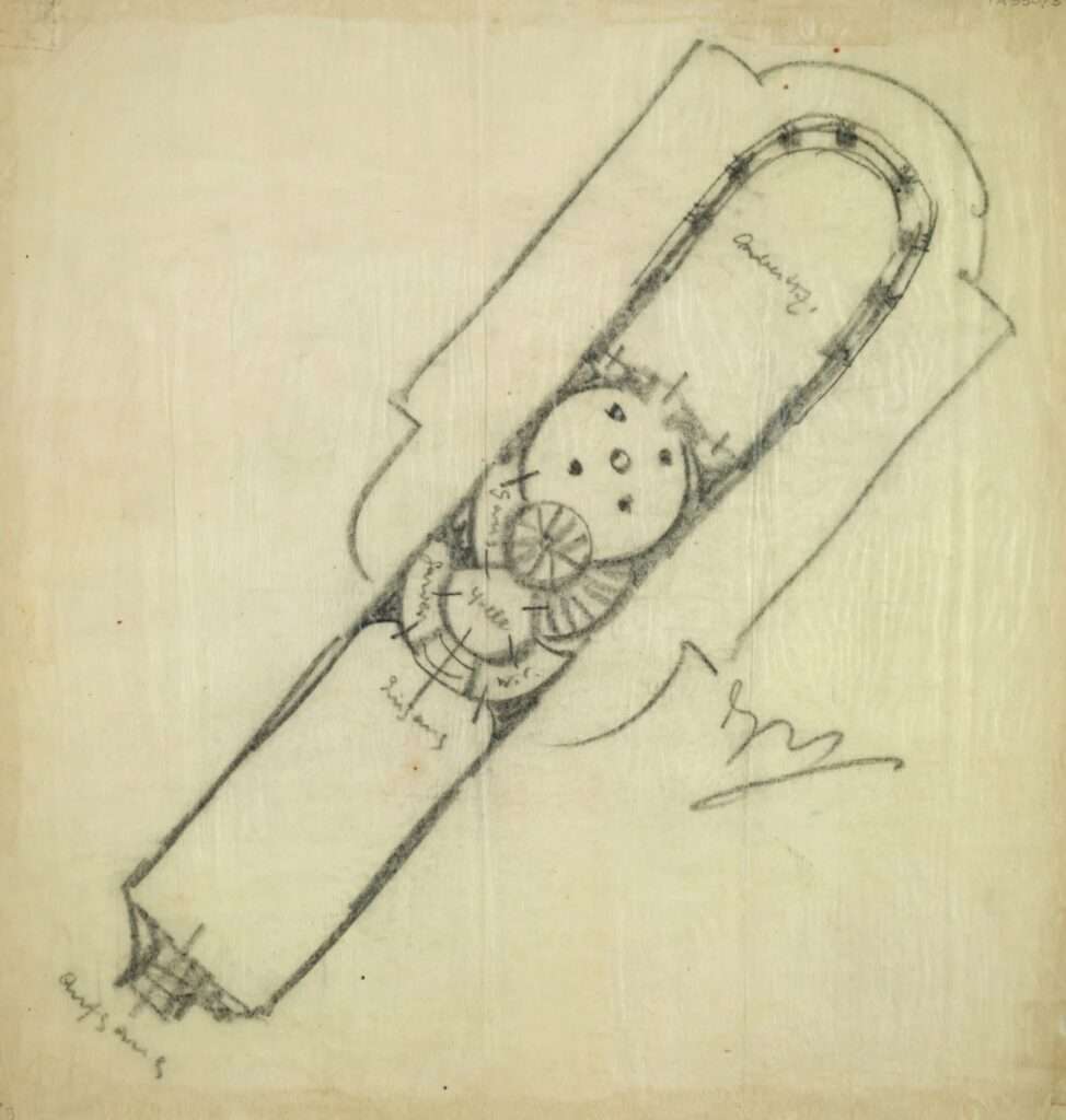 Original architectural floor plan sketch of the Einstein Tower drawn in pencil by architect Erich Mendelsohn showing curvilinear spatial organization.