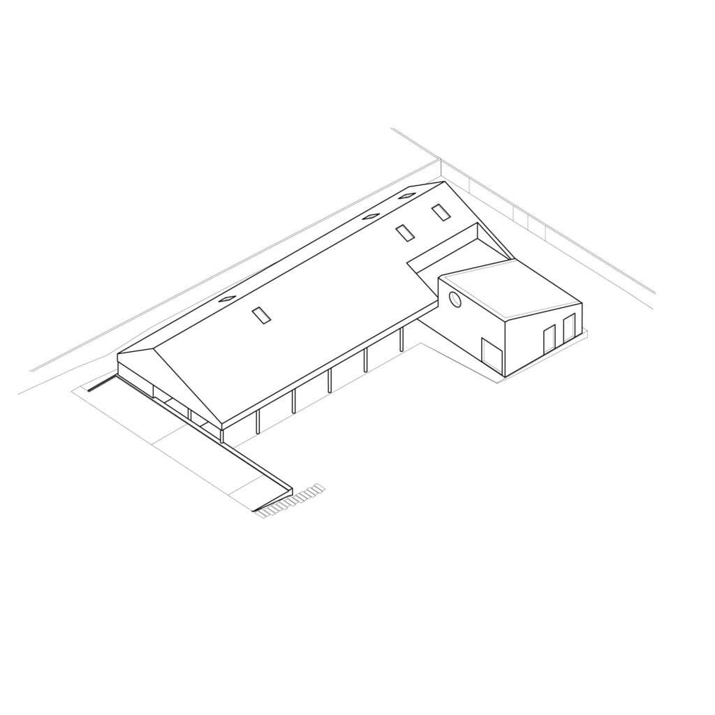 Black and white 3D axonometric drawing of a modern L-shaped house, detailing the corrugated pitched roof geometry, skylights, continuous arcade porch, and site boundaries.