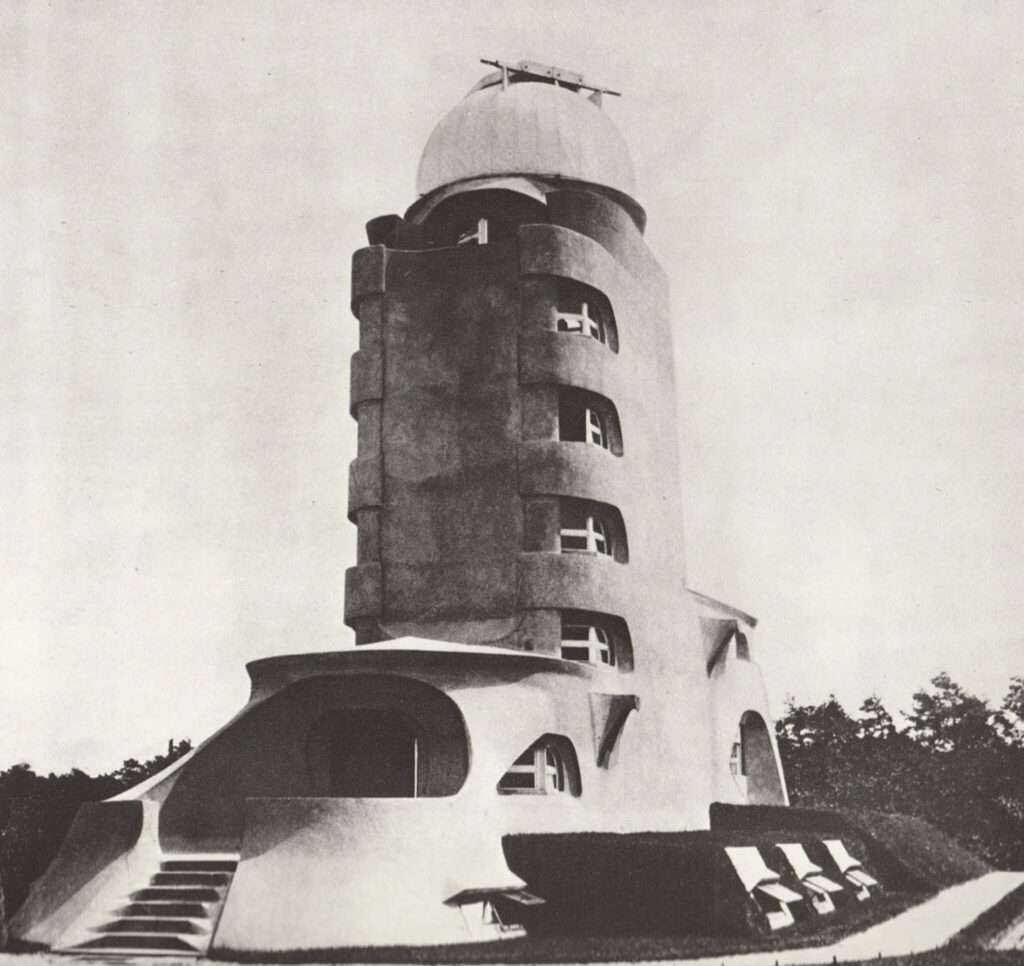 Vintage black and white archival photograph of the newly completed Einstein Tower in Potsdam showcasing its stark expressionist silhouette.