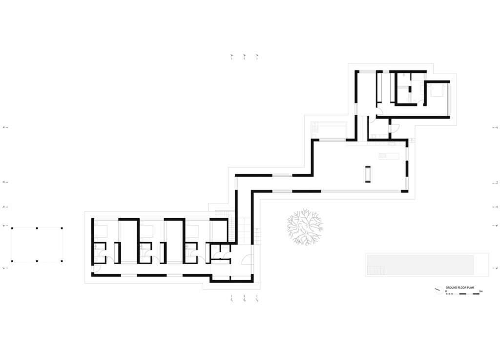 Architectural ground floor plan drawing of Melides House, showing a linear zig-zag layout with private bedrooms on one side and open living spaces on the other.