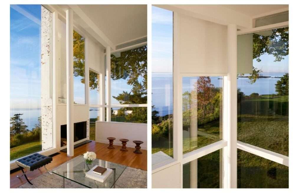 Diptych showing the interior living room of the Smith House with a white brick fireplace, glass walls, and a panoramic view of the sea.