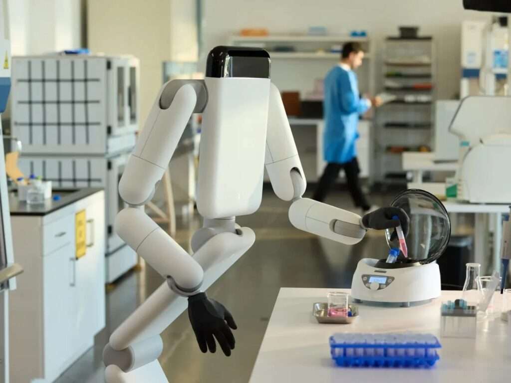 Enno robot by Genesis AI operating a laboratory centrifuge on a white counter in a medical lab setting.