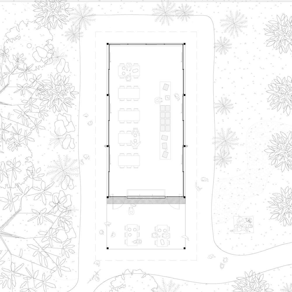 Architectural floor plan drawing of the Gardeners' Shelter showing interior layout options with tables and outdoor landscaping context.
