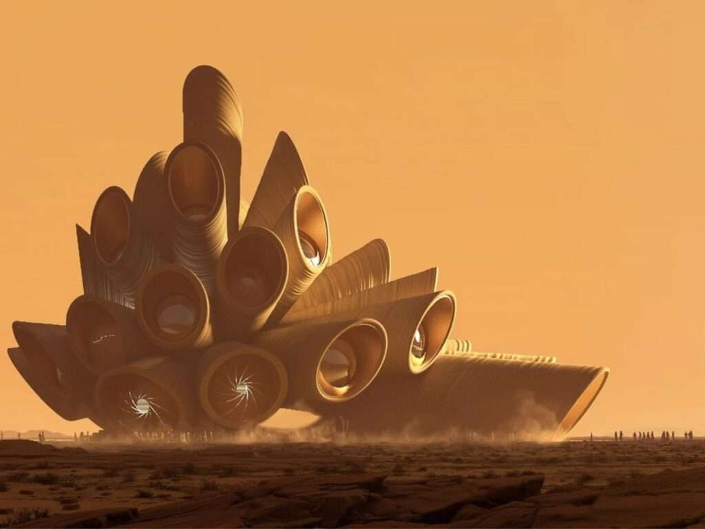 Biomorphic tubular architectural pavilion in a vast desert under a hazy orange sandstorm sky with visitor silhouettes around the base.