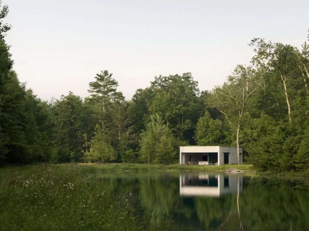 Minimalist modern pavilion reflected in a calm pond surrounded by a dense green forest under a clear sky.