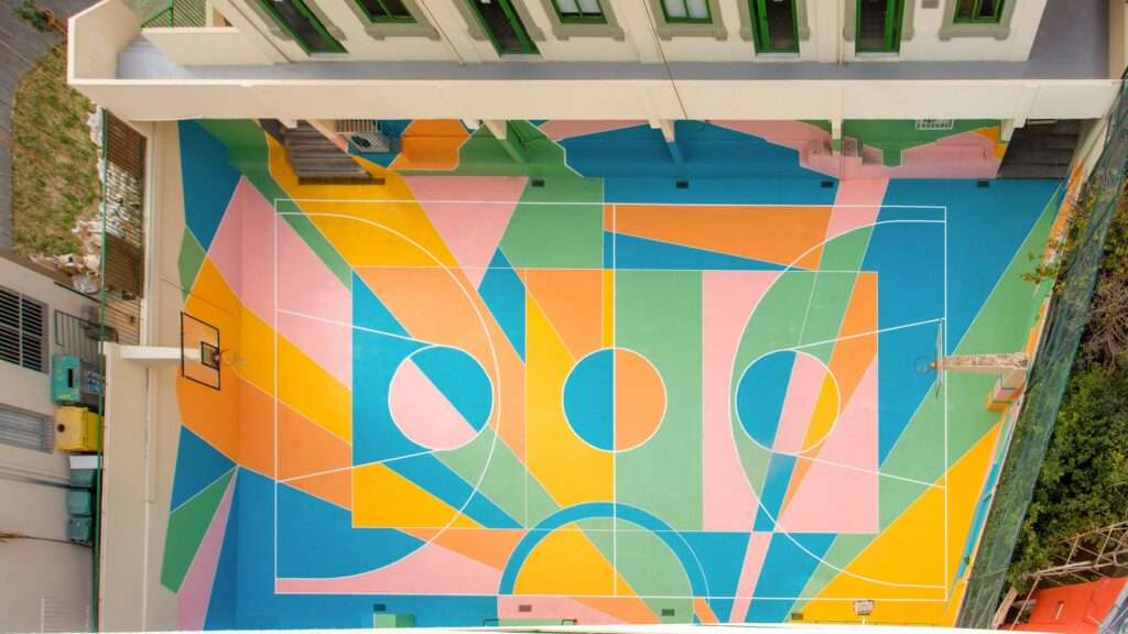 Overhead view of a geometric painted basketball court in Beirut.