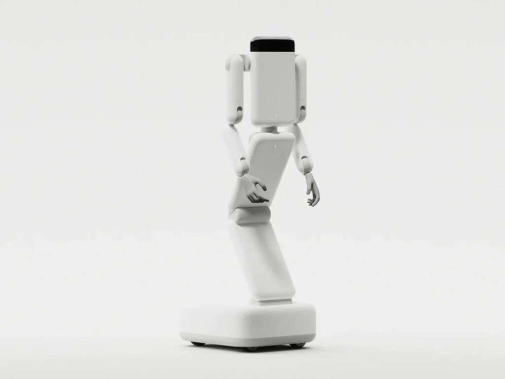 Full studio shot of the white minimalist Enno robot with a segmented tower body on a rolling mobile base.