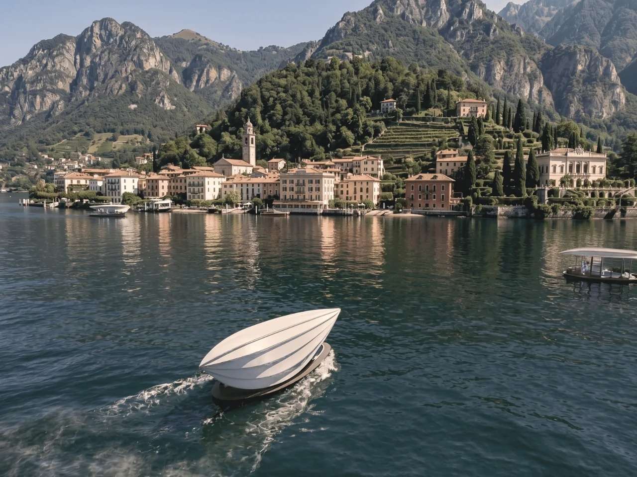 An aerial view of the white Lucia floating architectural structure cruising on the deep blue waters of Lake Como with historic coastal villas and green mountains in the background.