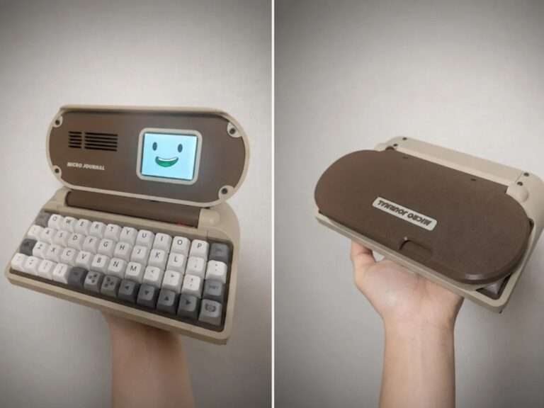 A split view showing a person holding the Micro Journal Rev.6.1 writerDeck device open with its screen on (left) and closed in its compact clamshell form factor (right).