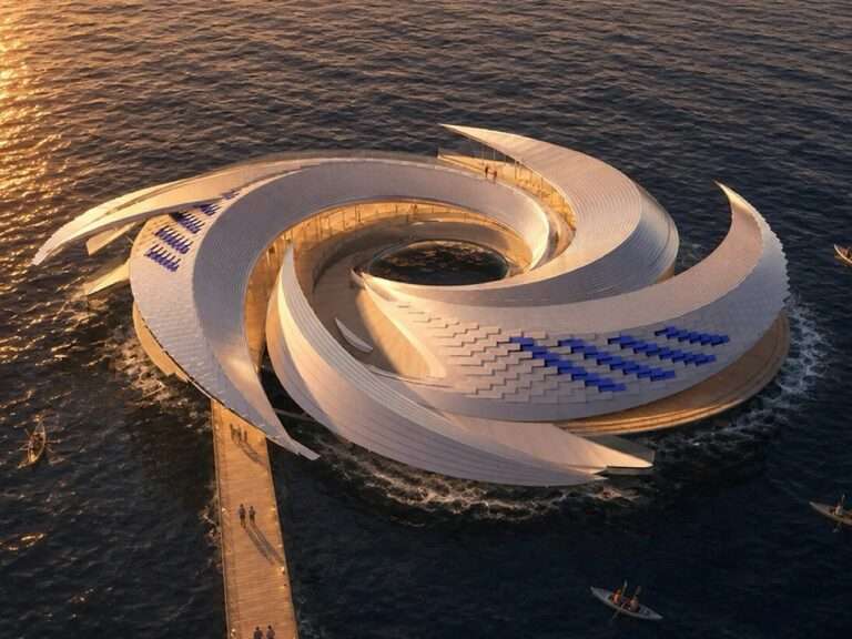 Aerial view of the Ocean Vortex floating structure, a spiral-shaped civil platform designed to address marine plastic pollution.