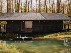 Front elevation of Yogi's Cabin featuring dark charred Yakisugi larch wood cladding next to a natural green pond in a forest.