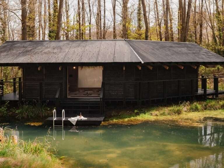Front elevation of Yogi's Cabin featuring dark charred Yakisugi larch wood cladding next to a natural green pond in a forest.