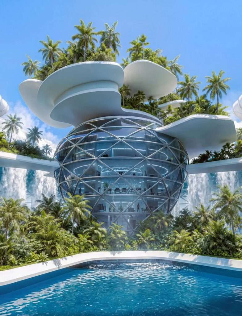 A close-up exterior view of a central glass geodesic sphere surrounded by tropical palm trees and artificial waterfalls on a floating platform.